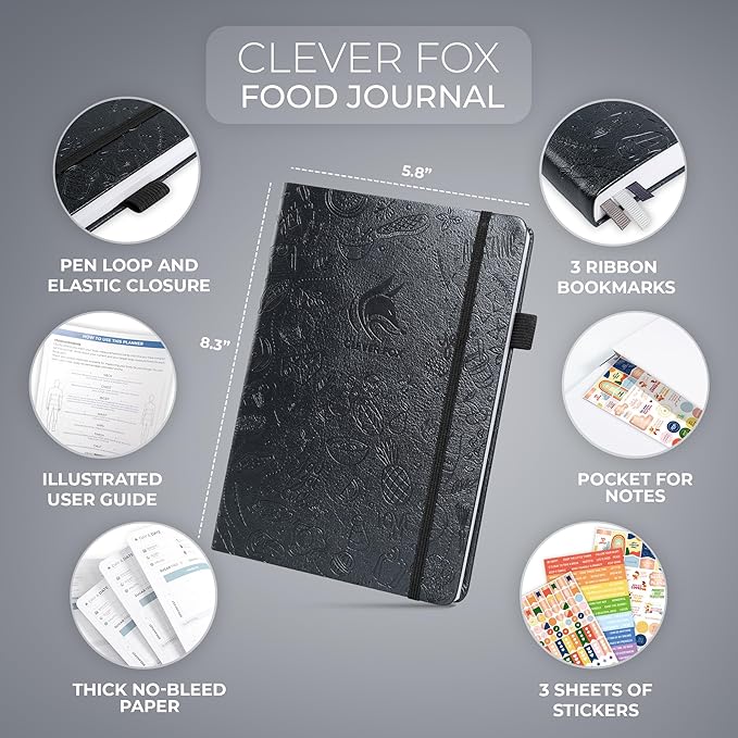 Clever Fox Food Journal - Daily Food Diary, Meal Planner to Track Calories & Nutrients, Weight Tracker Notebook, A5 (Silver Black)