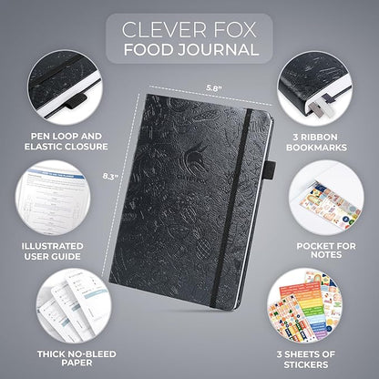 Clever Fox Food Journal - Daily Food Diary, Meal Planner to Track Calories & Nutrients, Weight Tracker Notebook, A5 (Silver Black)