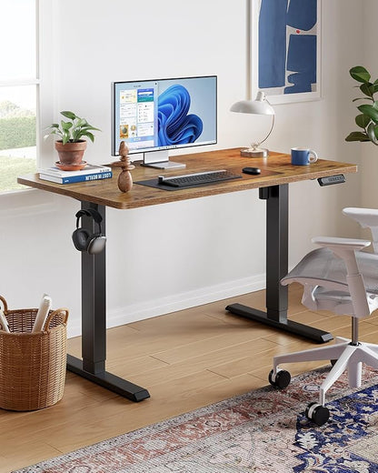 HUANUO 55" x 28" Electric Standing Desk Adjustable Height, 4 Memory Height Settings, Headphone Hook, Cable Manager, Sit Stand Up Desk for Home Office & Computer Workstation, Vintage Brown