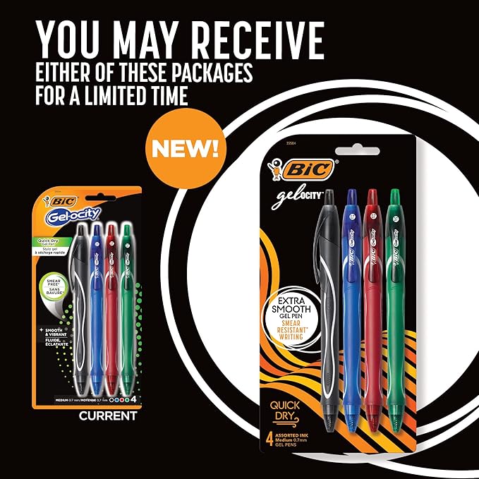 BIC Gelocity Quick Dry Assorted Colors Gel Pens, Medium Point (0.7mm), 4-Count Pack, Retractable Gel Pens With Comfortable Full Grip (Pack of 2)