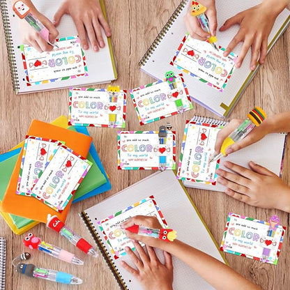 30 Set Cute Multicolor Pens in One 4-in-1 Fun Pens Bulk with 30 Valentines Day Cards for Valentine's Day Party Student Colleagues Greeting Exchange Gift Office School