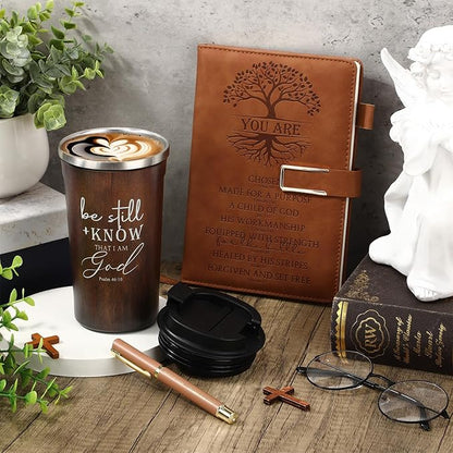 Pickmesh 3 Pcs Christian Gift for Men Man of God Gift Bible Verse A5 Leather Journal with Ballpoint Pen 17 oz Stainless Steel Tumbler Easter Gift Baskets for Father's Day Pastor Birthday Church(Brown)