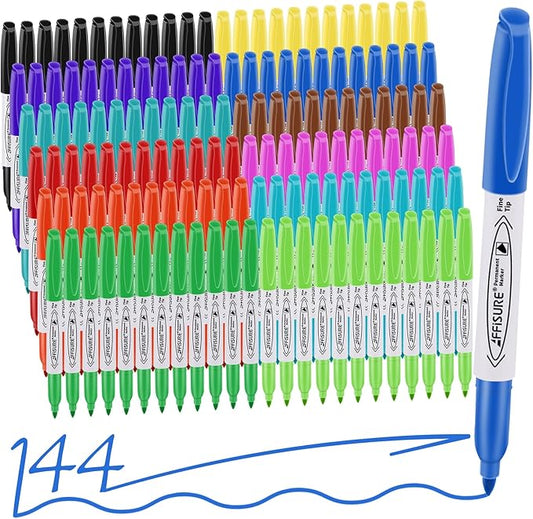 12 Colors Permanent Markers， 144 Pack Permanent Markers, Assorted Colors Marker，Fine Point， Permanent Markers Bulk, Fast Dry, Waterproof, work on Plastic, Glass, Metal, Wood and Stone