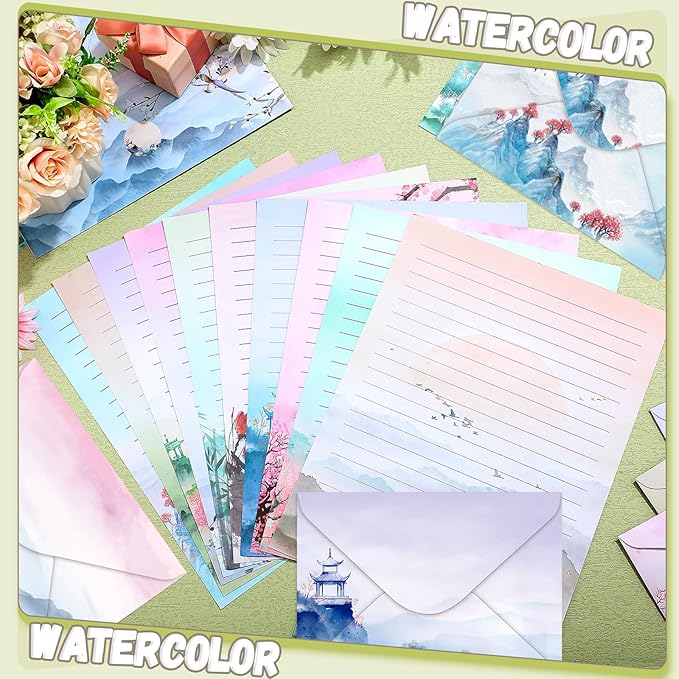 TaoBary 160 Packs Stationery Paper Set (50 Double Sided Stationery Writing Papers 50 Matching Envelopes) 60 Round Dot Sticker, 10 Design(Ink Painting,8.5 x 11 Inch)