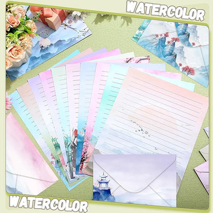 TaoBary 160 Packs Stationery Paper Set (50 Double Sided Stationery Writing Papers 50 Matching Envelopes) 60 Round Dot Sticker, 10 Design(Ink Painting,8.5 x 11 Inch)