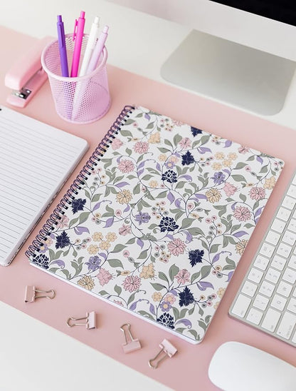 Steel Mill & Co Cute Floral Large Spiral Notebook College Ruled, 11" x 9.5" with Durable Hardcover and 160 Lined Pages, Purple Vine Ditsy