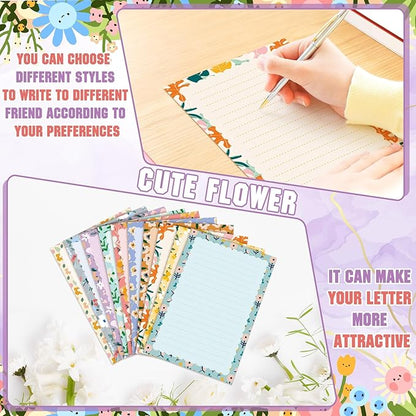 TaoBary 160 Packs Stationery Paper Set (50 Double Sided Stationery Writing Papers 50 Matching Envelopes) 60 Round Dot Sticker, 10 Design(Kawaii,5.5 x 8.25 Inch)