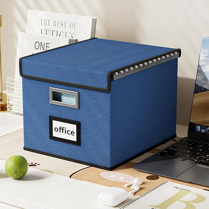 Huolewa Decorative File Organizer Boxes Office Document Storage with Lids, Portable Collapsible Linen Hanging Filing & Storage Boxes for Office/Decor/Home (Royal Blue) -14.9 x 12.7 x 10.8 inch -4 Pack