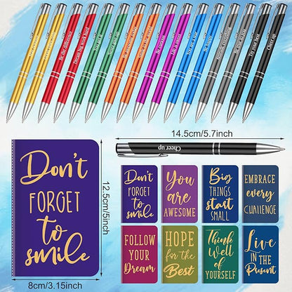Funrous 32 Pcs Motivational Quote Pens Inspirational Notepads Mini Journal with Ballpoint Pen Small Notebooks Gift Set for Men Women Coworkers, Adult Party Favors Prizes Gift Bulk(Simple)