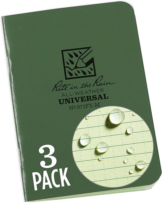 Rite in the Rain Weatherproof Mini-Stapled Notebook, 3 1/4" x 4 5/8", Green Cover, Universal Pattern, 3 Pack (No. 971FX-M), 4.625 x 3.5 x 0.125
