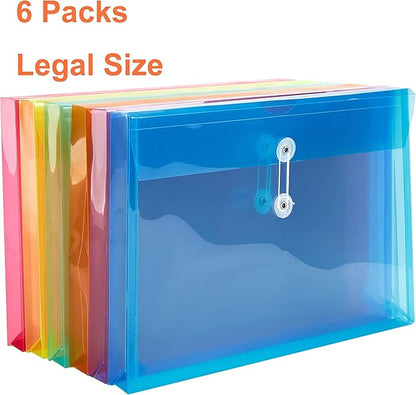 Plastic Legal Size Envelopes with String Tie Closure, 1-1/4" Expansion, Side Load, Clear File Folders Poly Project Paper Documents Organizer for Office School Home (Assorted Colors - 6 P)