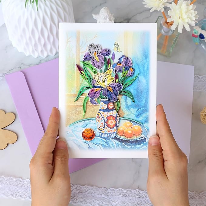 KingKraft Iris Flower Quilling Card, Handcrafted Greeting Card for All Occasions, Birthday Card for Mom, Thinking of You, Get Well, Anniversary, Valentines Day, Mothers Day Card, Blank Inside