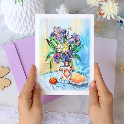 KingKraft Iris Flower Quilling Card, Handcrafted Greeting Card for All Occasions, Birthday Card for Mom, Thinking of You, Get Well, Anniversary, Valentines Day, Mothers Day Card, Blank Inside