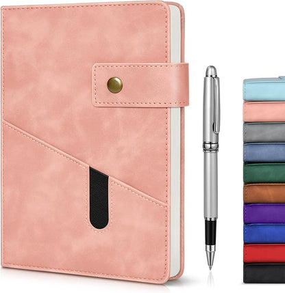 Pink A5 Lined Leather Journal Notebook for Men Women,5.9" X 8.4" Personalized Hardcover Journal with Pen,200 Pages 100 Gsm Thick Ruled Paper Daily Diary for Travel,Business,Work,Writing