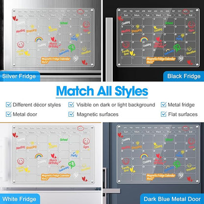 Magnetic Acrylic Calendar for Fridge Refrigerator Monthly Dry Erase Board w/ 8 Markers & Magnetic Pen Holder, Organic Glass Clear Planning Whiteboard Workout Board Meal Planner Magnetic 16x12''