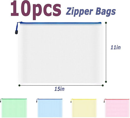 AUSTARK 10 Pcs Zipper File Bags, Waterproof Plastic Mesh Pouch for Office School, Board Game Storage Bags (B4 Size 15''x11'', Multicolored)