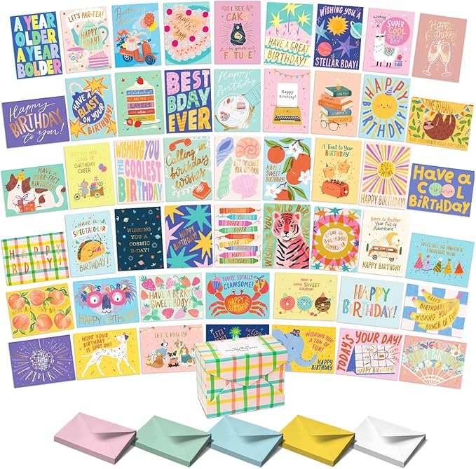Sweetzer & Orange Happy Birthday Cards with Envelopes and Assortment Box – Variety Set of 50 Assorted Birthday Notes. Perfect Bulk Pack for Celebrations, Office, Friends, Family, and Special Occasions-4x5.5"