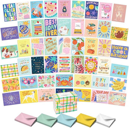 Sweetzer & Orange Happy Birthday Cards with Envelopes and Assortment Box – Variety Set of 50 Assorted Birthday Notes. Perfect Bulk Pack for Celebrations, Office, Friends, Family, and Special Occasions-4x5.5"