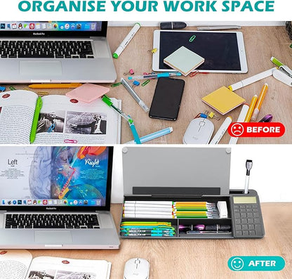 Desktop Glass Whiteboard with Calculator(12 Digit LCD Display) & Ruler Marker,Tilted Notepad Computer Keyboard Stand with Dry Erase Board Surface, Desk Organizers with Accessories,Gray