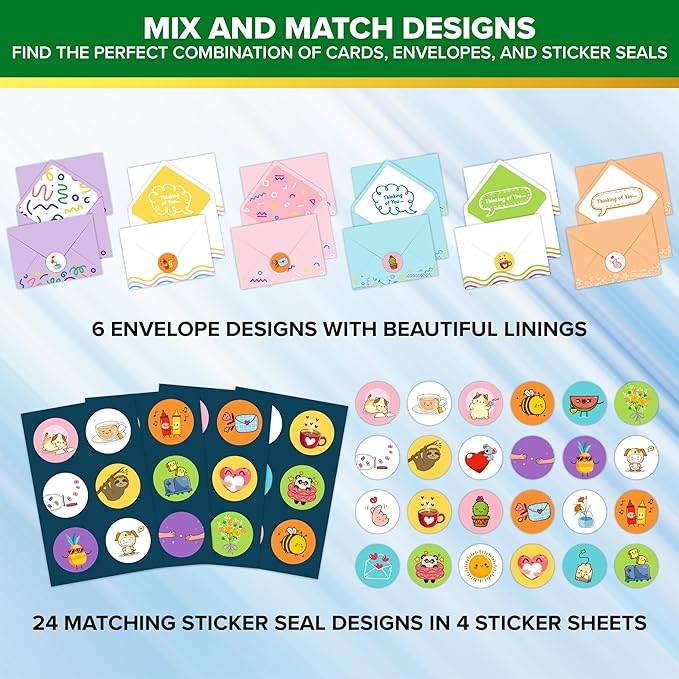 Decorably 24 Pack Assorted 6x4in Funny Thinking of You Cards with Envelopes and Stickers, 24 Unique Fun Designs Funny Cards with Printed Message Inside