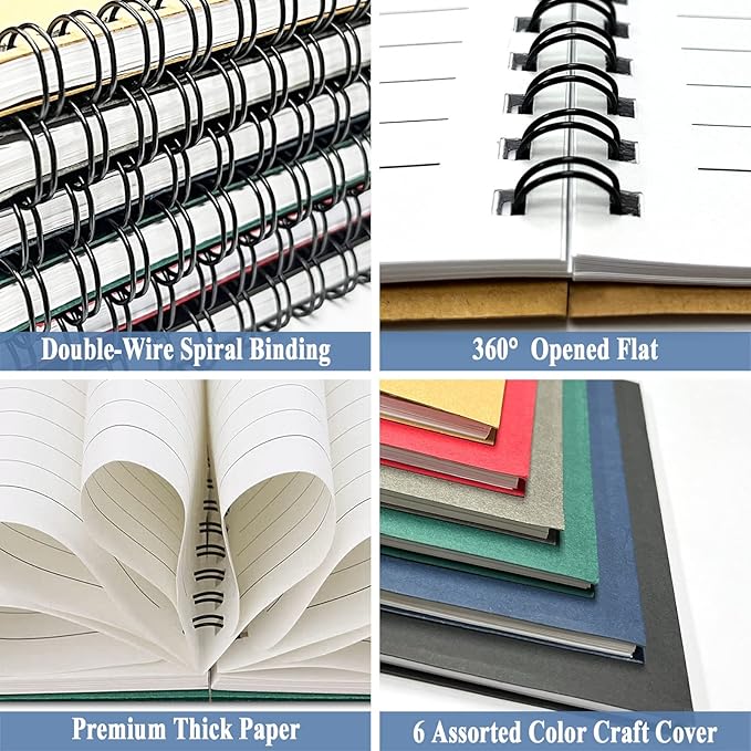 GINMLYDA Small Spiral Notebook 6Pack, 120 Lined Pages 8.25x5.50 Inches Spiral Journal Kraft Cover Notebooks & Writing Pads for School Home Office Aesthetic Sketch Drawing Note