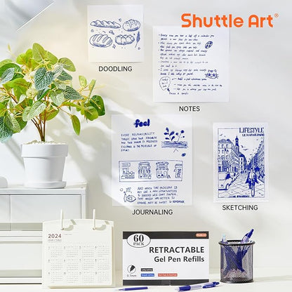 Retractable Gel Pen Refills, Shuttle Art 60 Pack Blue Rollerball Gel Ink Pens Refills, Bulk Set, 0.7mm Fine Point for Writing Journaling Taking Notes School Office Home