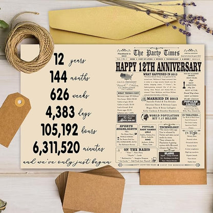 YiKaLus Vintage 12th Wedding Anniversary Card for Husband Wife, Sweet 12 Year Aday Gifts for Him Her,Sweet 12 Anniversary Decorations for Women Men