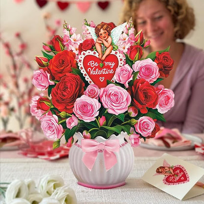 Freshcut Paper Pop Up Cards, Cupid's Valentine, 12 Inch Life Sized Forever Flower Bouquet 3D Popup Greeting Cards, Valentine's Day, Anniversary Card, Note Card & Envelope