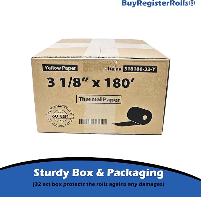 (32 Rolls) 3 1/8 x 180 Yellow Thermal Paper Receipt Rolls (60 GSM Paper Thickness) fits all Clover POS Cash Register Printers, Yellow Thermal Paper from BuyRegisterRolls