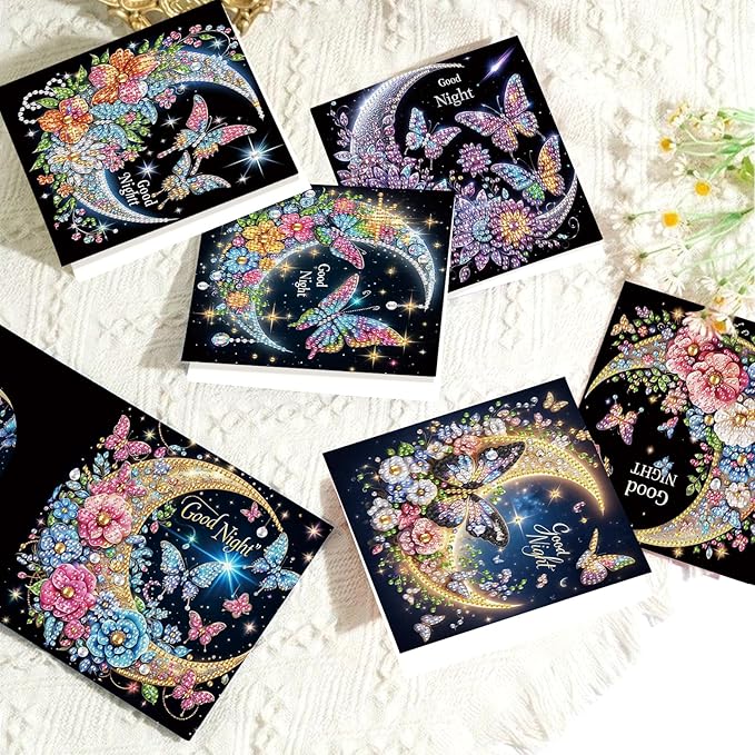 6 Pcs 5D Rhinestone Painting Greeting Cards Kits, Handmade Festival Greeting Cards with Envelopes Holographic Shimmer Design DIY Diamond Art Crafts Birthday Cards for Adults (Butterfly Moon)