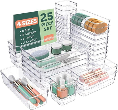 25 PCS Clear Plastic Drawer Organizers Set, 4 Sizes Clear Drawer Organizers & storage Bins for Makeup/Jewelry Vanity, Kitchen Gadgets Or Office Desk. Bathroom Drawer Organizer Trays With Non-Slip Pads