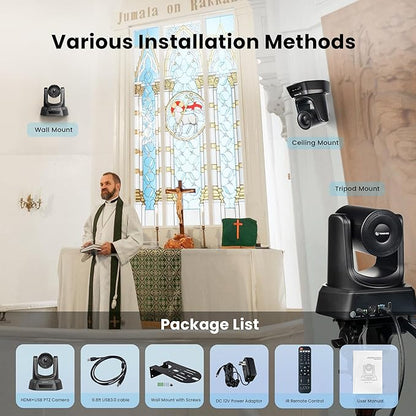 HDMI/USB PTZ Camera 10X Optical Zoom 60fps 1080P Video Conference Camera for Church Worship Live Streaming Meeting Online Learn with Zoom Skype OBS and More