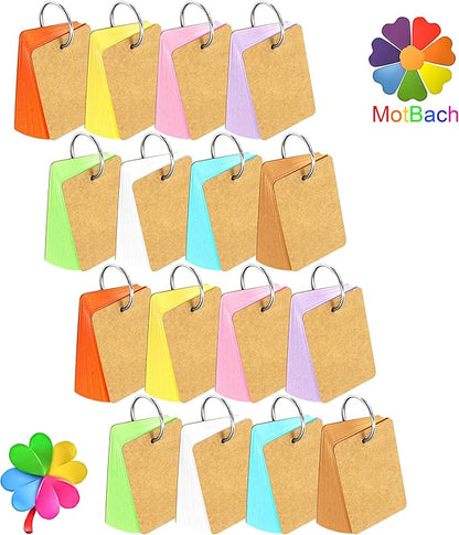 MotBach 400PCS Colored Blank Flash Card Index Cards with Binding Rings,8 Color Easy Flip Flash Card Study Note Card Perfect for Bookmark School Learning Memory Recipe Cards Game Cards(3.5 x2.2 Inch)