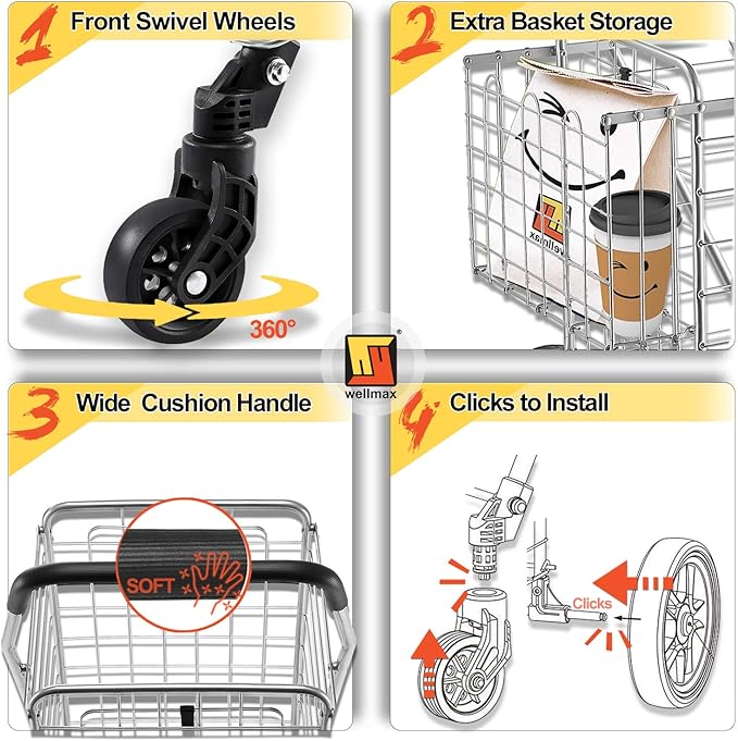 Wellmax Metal Grocery Shopping Cart with Wheels for Groceries, Folding Cart for Convenient Storage and Holds Up to 66lbs, Dual Swivel Wheels and Extra Basket, Silver