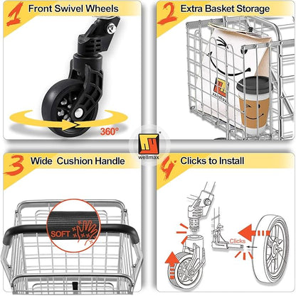 Wellmax Metal Grocery Shopping Cart with Wheels for Groceries, Folding Cart for Convenient Storage and Holds Up to 66lbs, Dual Swivel Wheels and Extra Basket, Silver