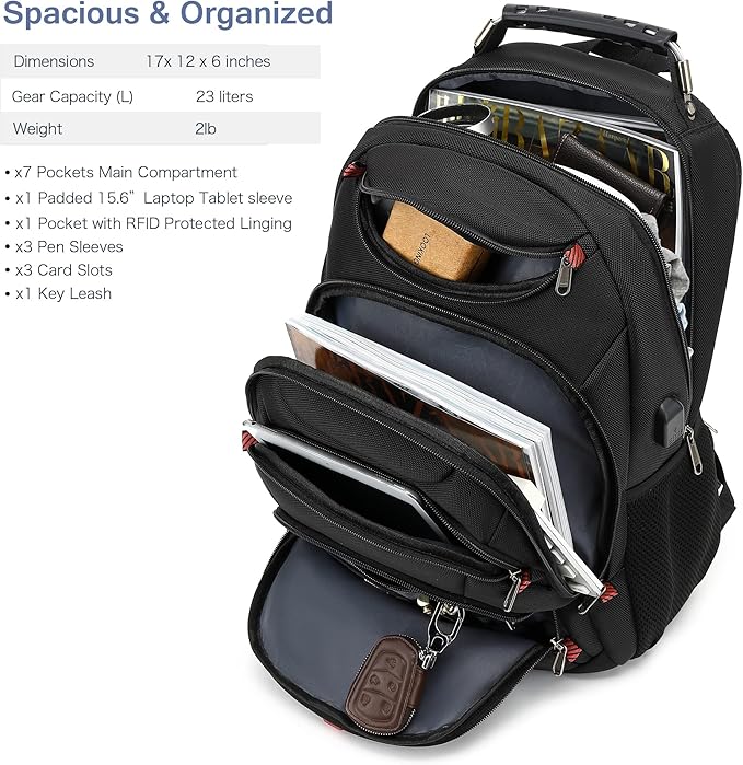 Laptop Backpack for Men - Stylish College Bookbag for Daily Commutes and Travel - 15 inch Travel Laptop Backpack with USB Charging Port - Waterproof - Black