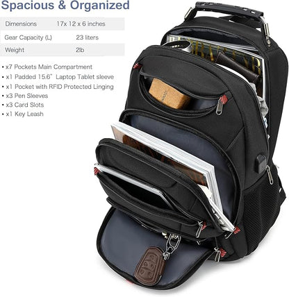 Laptop Backpack for Men - Stylish College Bookbag for Daily Commutes and Travel - 15 inch Travel Laptop Backpack with USB Charging Port - Waterproof - Black