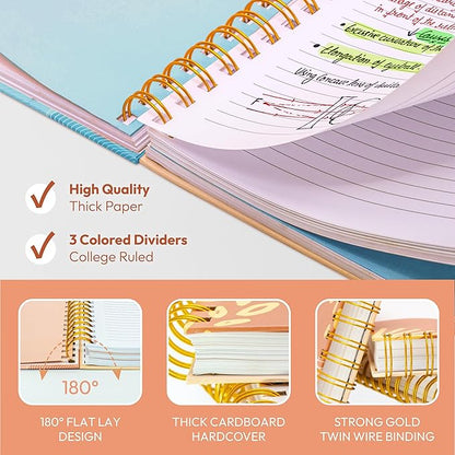 3-Pack Spiral Notebook - 10.25" x 7.25" 3 Subject Notebook, College Ruled Notebook, B5 Journaling Notebooks,100 GSM Notebook with Divider, 300-Page Notebooks for School, School Supplies