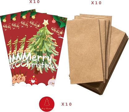 Christmas Cards Christmas Money Cards with Kraft Envelopes - 10 Cards with 10 Kraft Envelopes 10 Festive Holiday Stickers -Red Card-GreenTree