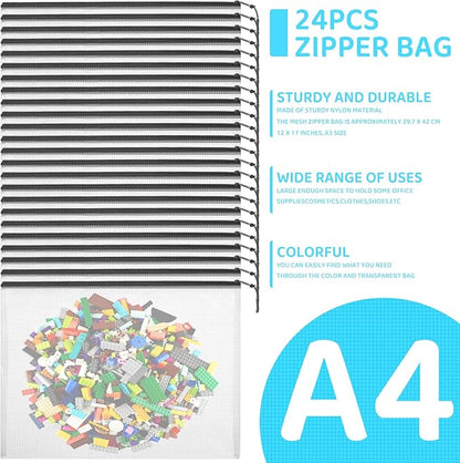 24pcs Mesh Zipper Pouch Bags, A4 13x9 Inches Reusable Bags Puzzle Storage Organizer Black Multipurpose for Travel Board Games Toys School Office Supplies and Home Classroom Organization