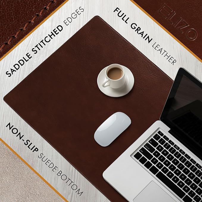 Elizo Leather Desk Mat Desk Pad Blotter Set - Real Full-Grain Leather (32x16) 2-Layer Genuine Desk Cover Protector & Large Mouse Pad | Computer Keyboard Desk Accessories for Office & Home Chestnut