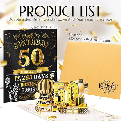 50th Birthday Card for Women Men, Jumbo Pop Up 50th Birthday Cards for Her Him, Happy 50th Birthday Decorations for 50 Year Old Women Men Funny Birthday Gifts, Review of 1975, Black Gold