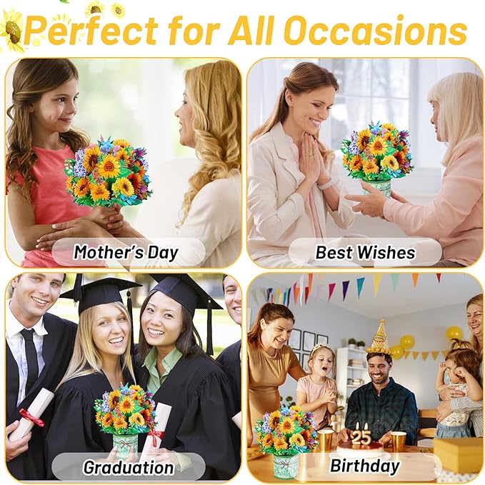 Get Well Soon Pop Up Cards, 3D Paper Flowers Bouquet Greeting Cards Sunflower Birthday Popup Cards Congratulations Gifts for Women Boss Best Friends Mother Parents Birthday Anniversary
