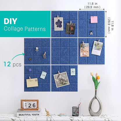 Large Cork Board, 12 Pack Felt Wall Tiles with Safe Removable Adhesive, Bulletin Board for Office, Pin Tack Corkboard for Quilting Design & Dart Wall Protector 48" x 36" - Blue