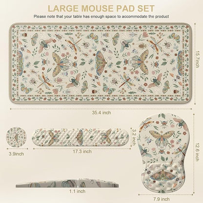 iLeadon Desk Pad Mat,Keyboard Wrist Rest and Mouse Pad Set,Full Desk Mouse Pad Extra Large for Computer Keyboard,Massage Mousepad+Cup Coaster with Non-Slip Base for Home Office,Beige Insect