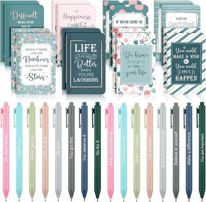Funrous 32 Pcs Motivational Quote Pens Inspirational Notepads Mini Journal with Ballpoint Pen Small Notebooks Gift Set for Men Women Coworkers, Adult Party Favors Prizes Gift Bulk(Floral)