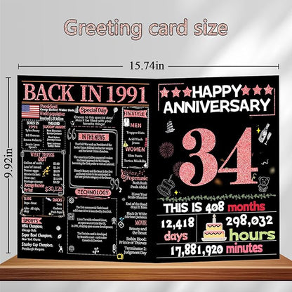 Joycard 34th Anniversary Card for Women, Wedding Card for Wife, Sweet Marriage Decorations Gifts for Couple, Perfect for Her on Anniversary Day, Back in 1991