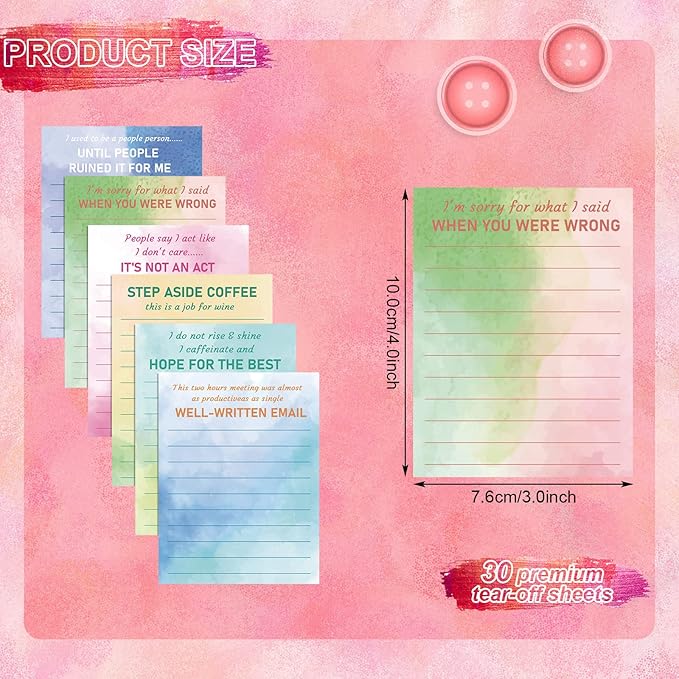 Funny Notepads with Sayings Sticky Funny Office Supplies to Do List Sarcastic Work Assorted Notepad for Workers, 12 Designs, 3 x 3.93 Inch(Watercolor Style)