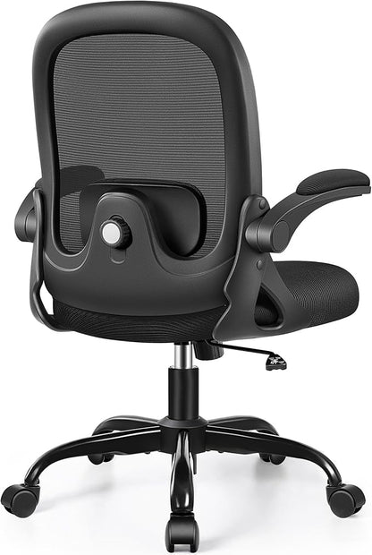 Office Chair Ergonomic Desk Chair with Adjustable 3D Lumbar Support and Height, Comfy Mesh Computer Chair with Flip-up Armrests, Swivel Rolling Task Chair with Wheels for Home Office (Black)