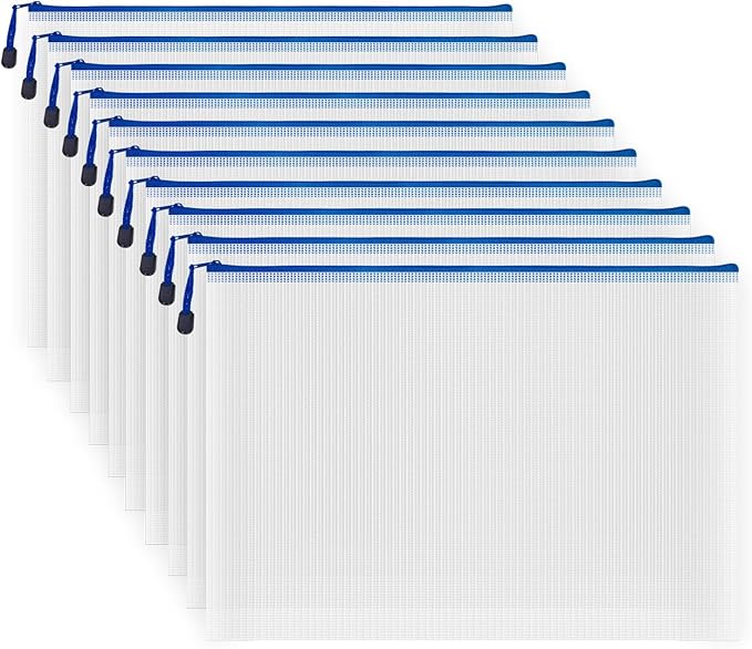 AUSTARK 10 Pcs Zipper File Bags, Waterproof Plastic Mesh Pouch for Office School, Board Game Storage Bags (A3 Size 16.9''x12'', White and Blue)